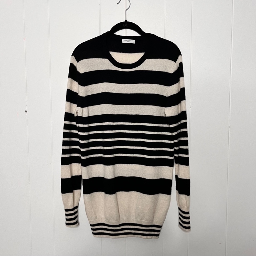 Equipment Femme Striped Black and Cream Sweater 100% Cashmere Long Length Size M